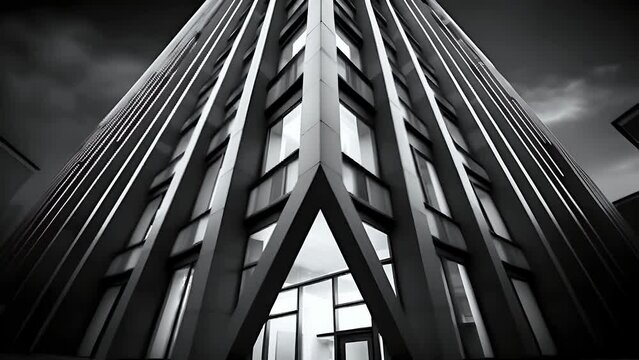Black and white skyscraper with unique geometry, viewed from bottom to top. Concept: Architectural photos, articles about urban design and modern architecture, decorative elements for office spaces.