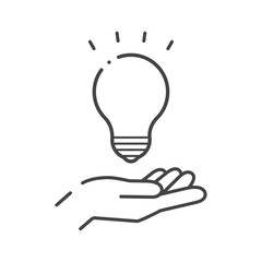 光っている電球と人の手のシンプルなアイコン -ひらめく･ 電気･エネルギーのイメージの素材