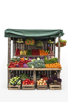 A picturesque setting of a farmer's market with fresh produce on display, isolated on a white background to encourage whole food eating