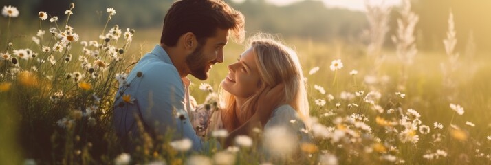 a romantic couple in love sits in an embrace on a spring meadow with flowers - obrazy, fototapety, plakaty