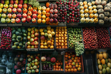 Aerial View of Colorful Fruit Stand with Fresh Produce