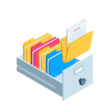 isometric archive of documents in the form of a retractable shelf, in color on a white background, a place for storing folders with documents