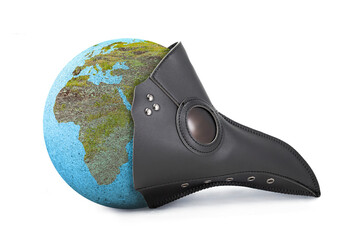Earth Globe with the plague mask showing Europe and Africa: epidemic concept. The plague mask symbolizes the disease and epidemic that devastated the Earth.