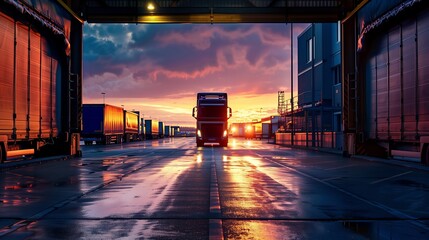 A truck waits in a logistic center for goods and loading - obrazy, fototapety, plakaty