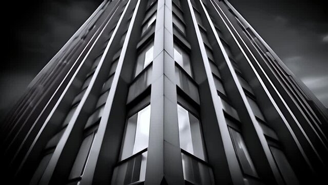 Black and white skyscraper with unique geometry, viewed from bottom to top. Concept: Architectural photos, articles about urban design and modern architecture, decorative elements for office spaces.