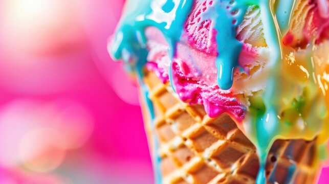 Colorful Melting Ice Cream Cone on Vibrant Background