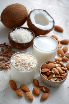 A selection of dairy alternatives, almond milk, and coconut yogurt isolated on a white background, realistic, 4K