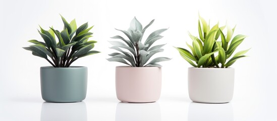 Set of artificial plants in pots on white background