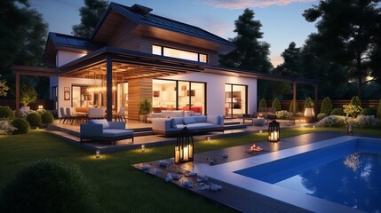 modern residential building with fire place and swimming pool in garden in the evening
