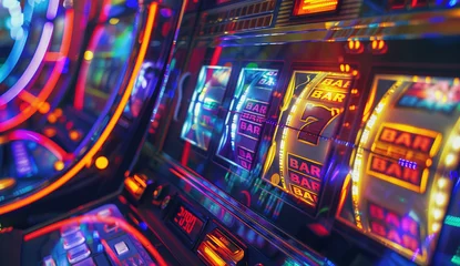 Deurstickers Vibrant Casino Slot Machine with Colorful Neon Lights © swissa