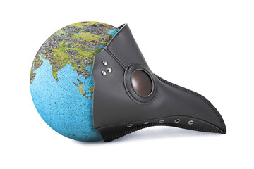 Earth Globe with the plague mask showing Asia and the East: epidemic concept. The plague mask...