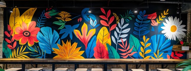Tropical-themed mural painting on an indoor wall, featuring a colorful array of flora and fauna with lively green plants and vivid flowers under artificial lighting.