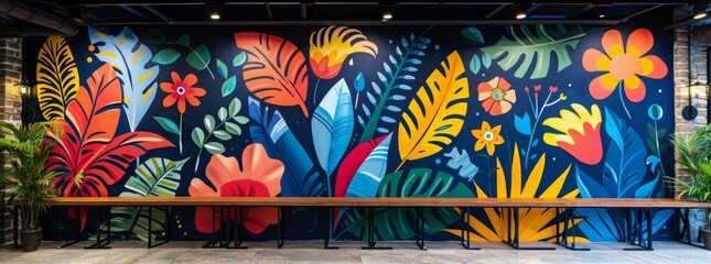 Tropical-themed mural painting on an indoor wall, featuring a colorful array of flora and fauna with lively green plants and vivid flowers under artificial lighting.