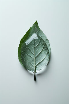 A stylized depiction of a water droplet and leaf, representing purity and organic eating, isolated on a white background