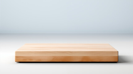 Wooden empty cutting board on neutral light background for product presentation.