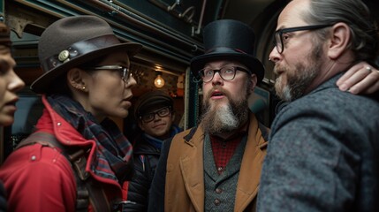 Historian developing an interactive exhibit that blends historical facts with speculative fiction in a steampunk art style