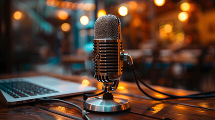 Close-up photo of microphone in studio. Podcast or interview recording concept - obrazy, fototapety, plakaty