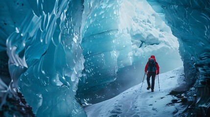 Hiker exploring ice cave, iceland 