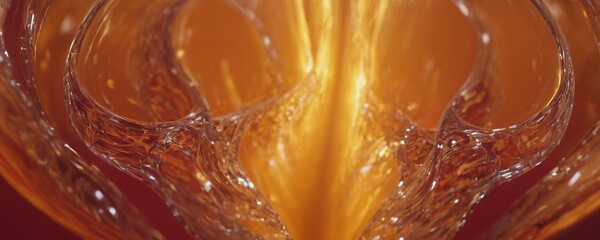 Glass abstract background, orange liquid, glass ball, panoramic backdrop, crystal shapes,...