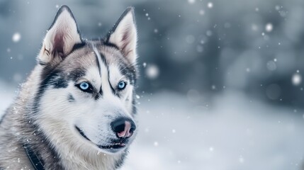 Husky dog portrait, winter snowy background. Funny pet on walking before sled dog training