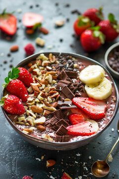 Healthy Fruit Smoothie Bowl Topped with Chocolate and Nuts