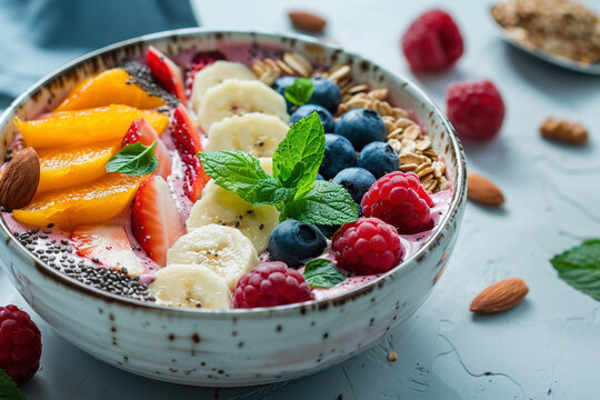 Colorful Smoothie Bowl With Fresh Fruits and Nuts