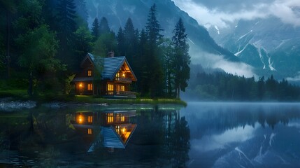 Fototapeta premium Illuminated Wooden house in the forest on a calm reflecting lake with the foggy mountains in the background at dusk 