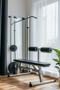 An elegant setup of a home gym corner, showcasing simple exercise equipment for a quick workout, isolated on a white background