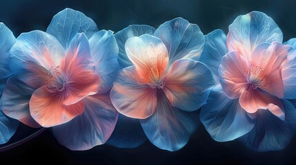 A close-up digital rendering of iridescent blue flowers, showcasing intricate details and subtle gradients. - obrazy, fototapety, plakaty