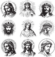 various portraits of jesus christ, in thorn crown and halo, looking down with concern, black vector graphic
