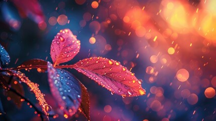 Close-up of crimson leaves with fresh dew drops, set against a bokeh light effect for a warm, magical atmosphere.