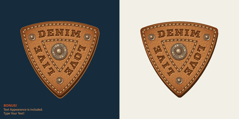 Leather textured triangular label with text, stitching, rivets. Text graphic style is included. Detailed vintage illustration on dark, white background. Design element for denim style