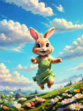 A cute Easter bunny joyfully jumps on a green meadow with flowers, set against an alps panorama and fluffy clouds on blue sky. As a charming Chibi Illustration Style, created with generative A.I.