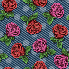 Denim floral seamless pattern with scattered buds of roses. Lush blooming red, pink flowers on blue jeans texture with polka dot ornament. For prints, clothing, apparel, surface design Vintage style