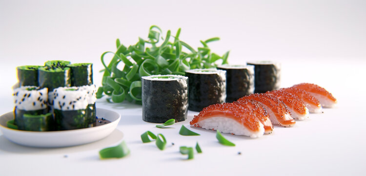 Assorted sushi rolls and seaweed salads, isolated on a white background. Realistic style, 4K resolution