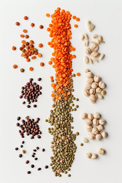 Assorted legumes, beans, lentils, and chickpeas isolated on a white background, realistic, 4K