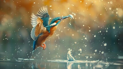 Obraz premium Kingfisher catching fish. Small bird king fisher in fly