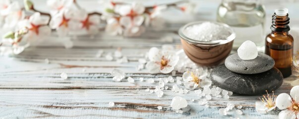 Spa and wellness setup with natural bath salt, massage oils, flowers and zen stones on wooden background - obrazy, fototapety, plakaty