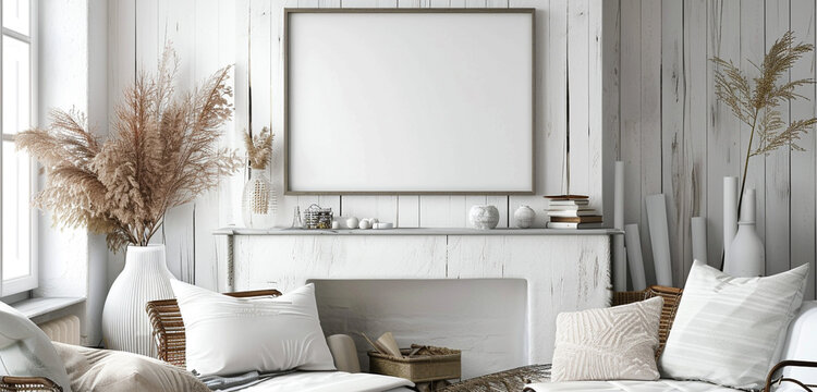 living room interior with empty frame mockup 