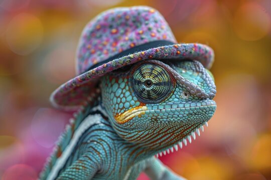 A detective chameleon, camouflaged in vibrant hues, unravels enigmatic cases against a kaleidoscopic backdrop.