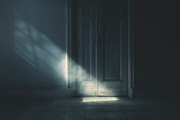 Faint light under a closed door, minimal style, blur dark tone, suggesting secrets within.