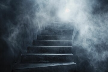 An eerie staircase in minimal style, with a blurred dark tone, symbolizes a descent into madness. - obrazy, fototapety, plakaty