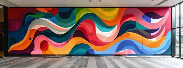 Dynamic indoor mural with swirling ribbons of color ranging from warm yellows and reds to cool blues and greens, creating a sense of movement. - obrazy, fototapety, plakaty
