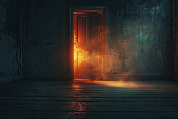 Faint light under a closed door, minimal style, blurred dark tone hints at concealed secrets within.