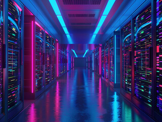 Neon Data Nexus A high-tech data center with server - obrazy, fototapety, plakaty