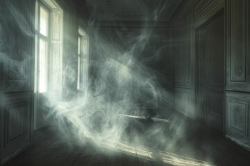 Faint whispers in an empty room, minimal style, blur dark tone, suggesting ghostly presences.