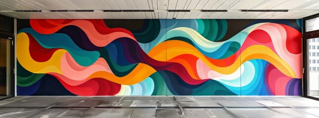 Dynamic indoor mural with swirling ribbons of color ranging from warm yellows and reds to cool blues and greens, creating a sense of movement. - obrazy, fototapety, plakaty