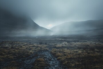Fog blanketing a bleak moor in minimal style, a blurred dark tone evokes foreboding.