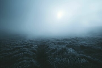 Eerie fog drifts across barren heath, muted hues, ominous atmosphere, hinting at impending danger. - obrazy, fototapety, plakaty