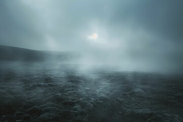 Fog blankets the desolate moor with a minimalist, blurred dark tone, evoking foreboding. - obrazy, fototapety, plakaty